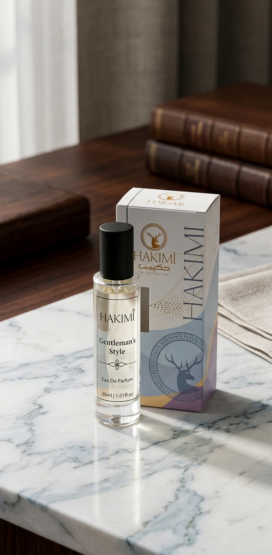Hakimi perfume bottle and packaging on a marble surface