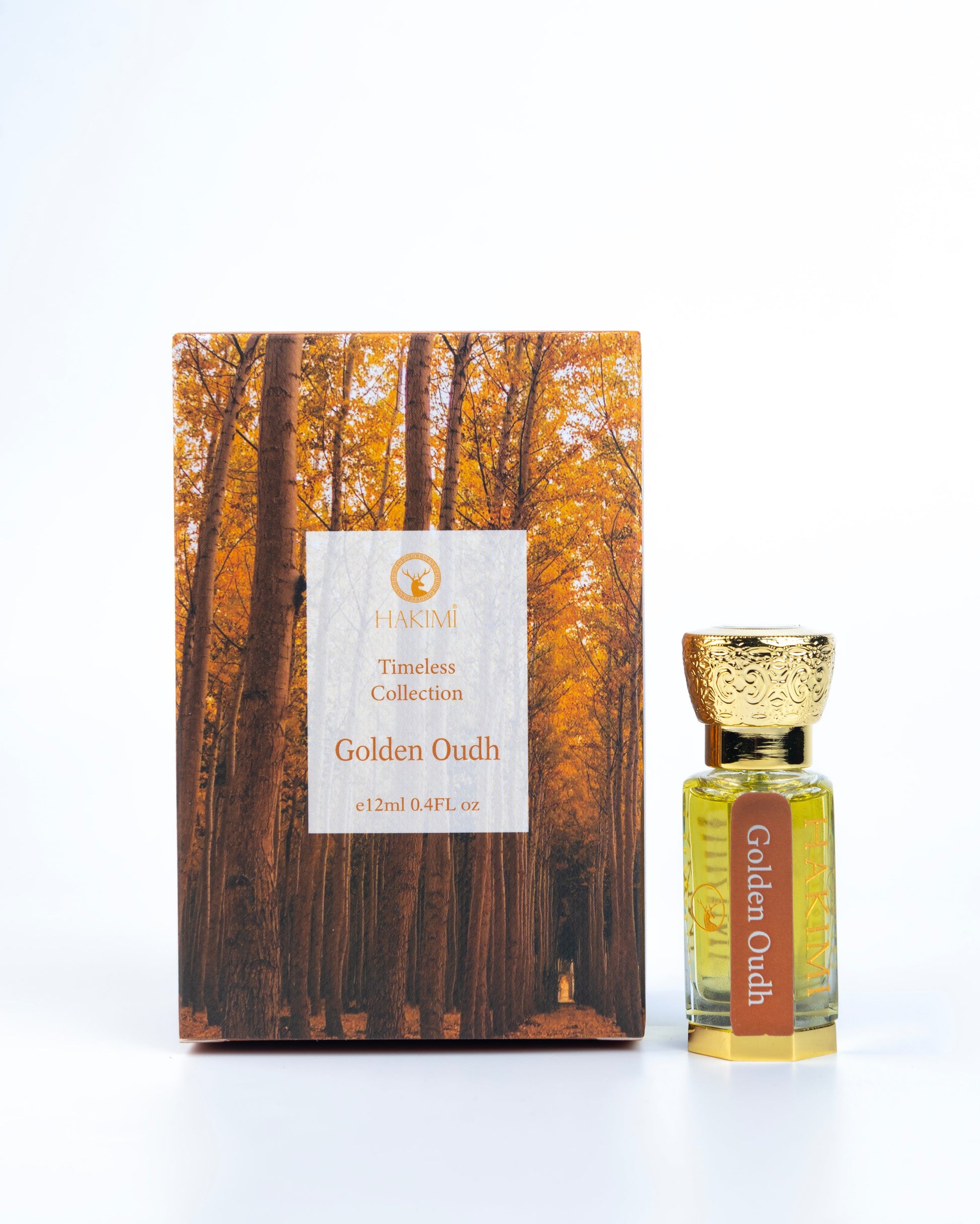 Perfume bottle and packaging with 'Golden Oudh' branding on a white background