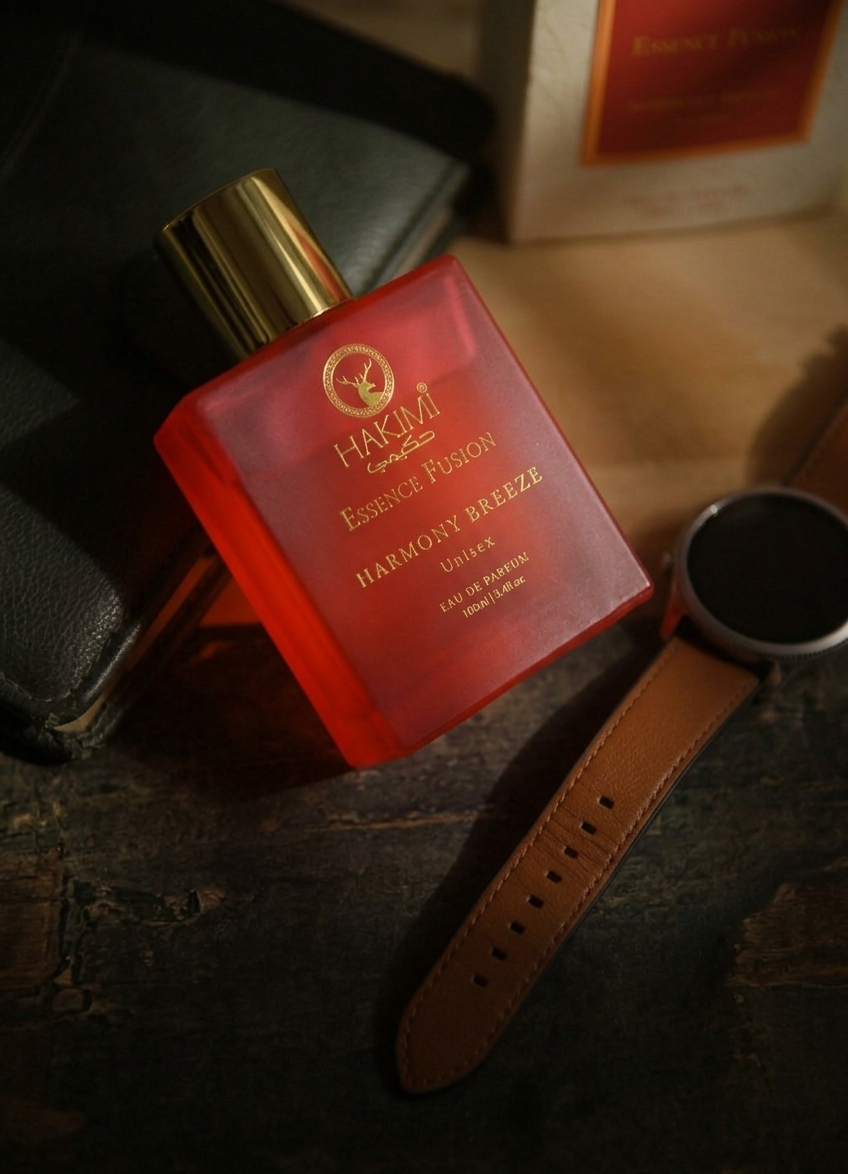 Red perfume bottle with gold cap on a textured surface