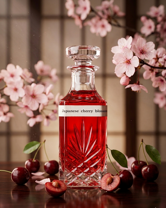 Red Japanese cherry blossom liqueur bottle with cherries and cherry blossoms on a wooden surface.