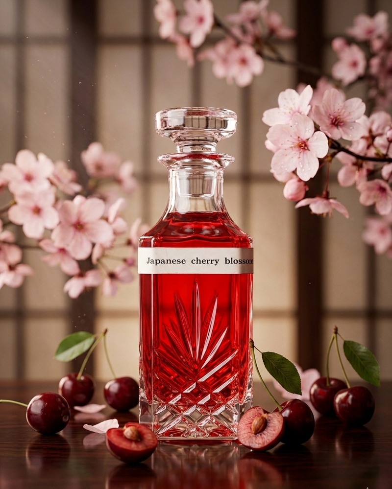 Red Japanese cherry blossom liqueur bottle with cherries and cherry blossoms on a wooden surface.