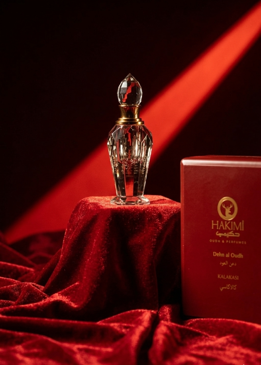 Crystal perfume bottle with red box on a red fabric background