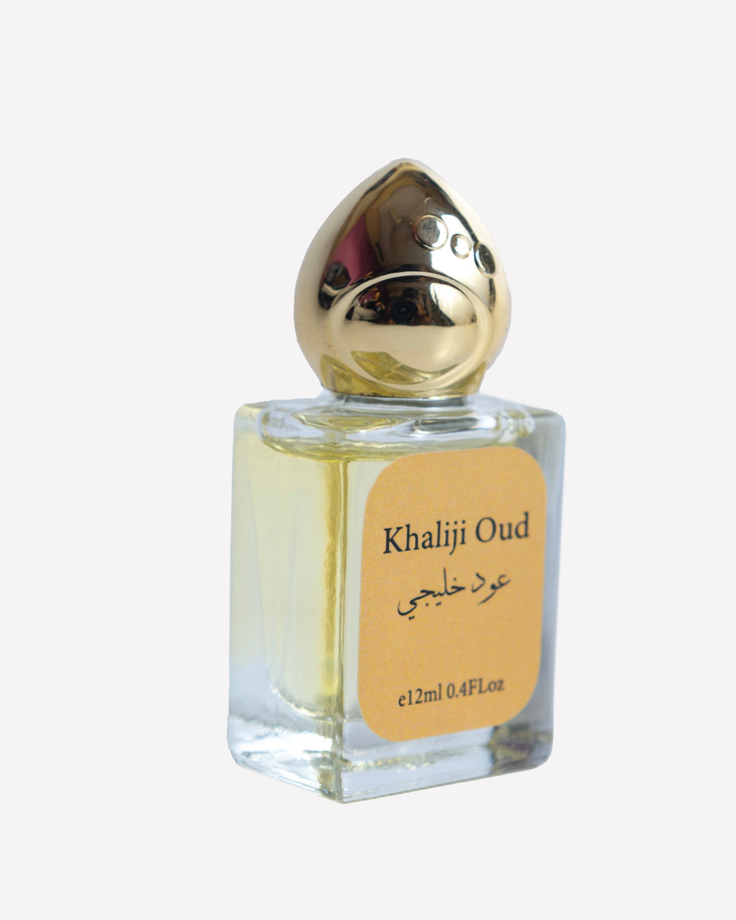 Perfume bottle labeled 'Khaliji Oud' with a gold cap on a white background