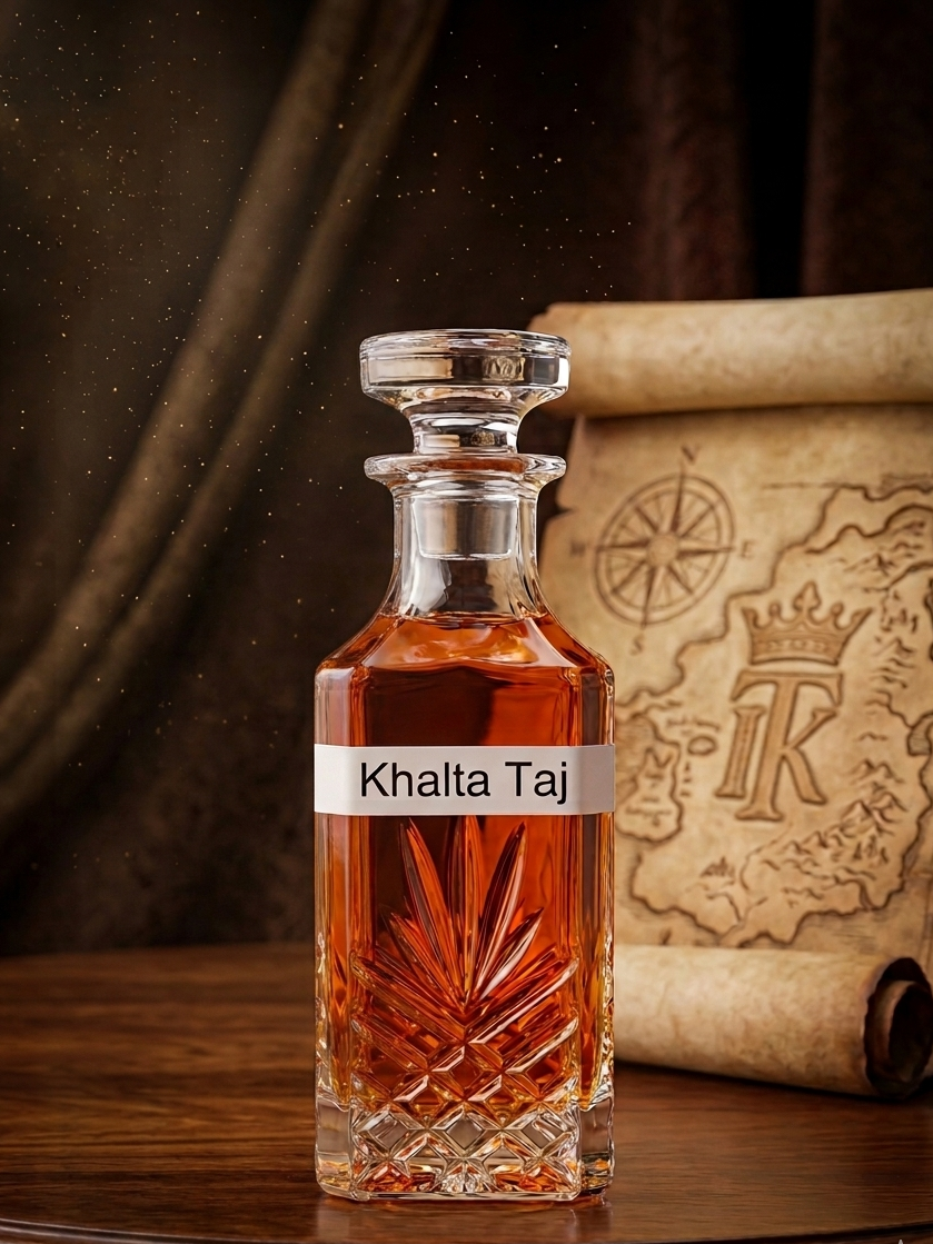 Glass decanter with 'Khaltat Taj' label on a wooden surface with a decorative background