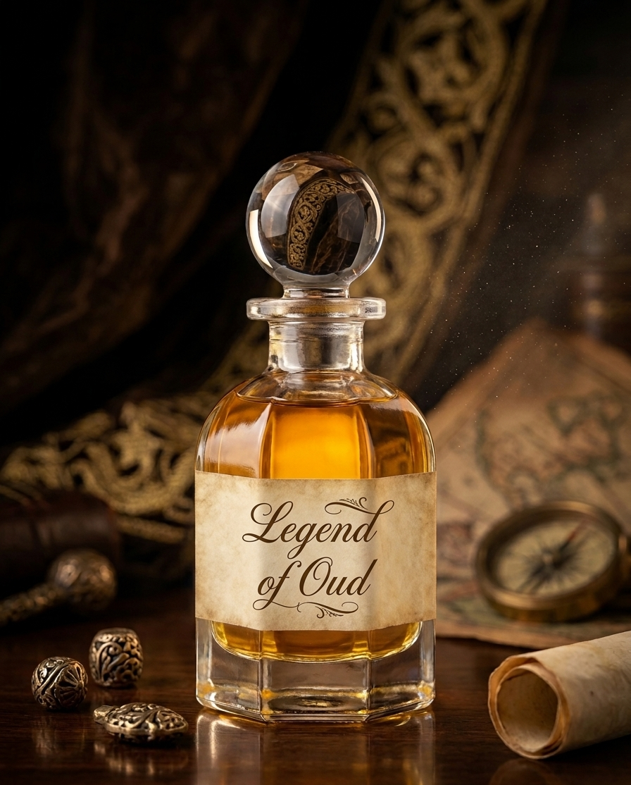 Bottle of 'Legend of Oud' with decorative elements on a dark background