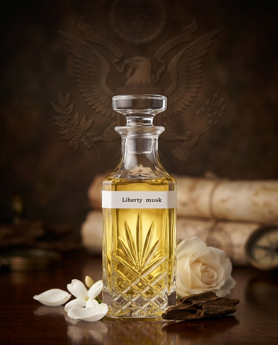 Glass decanter labeled 'Liberty musk' with floral elements on a dark background