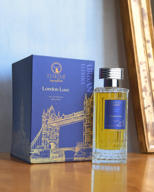 Perfume bottle and packaging on a wooden surface with a mirror in the background