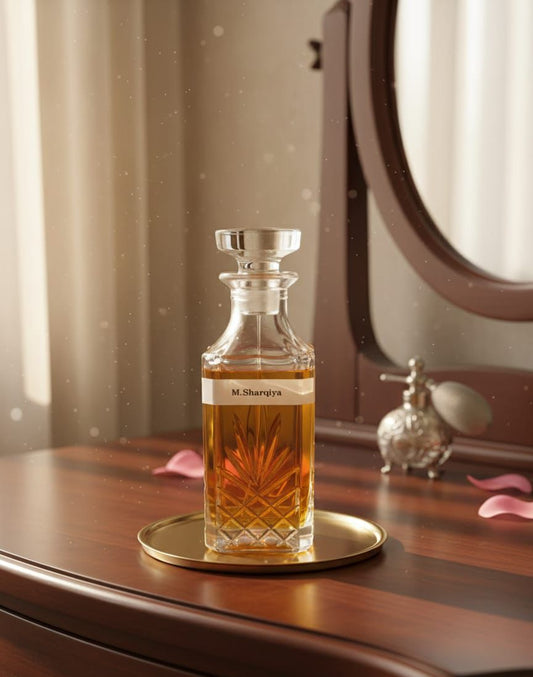 Glass bottle with a label on a wooden surface with a decorative mirror in the background