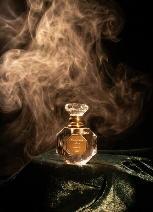 Perfume bottle with smoke on a dark background