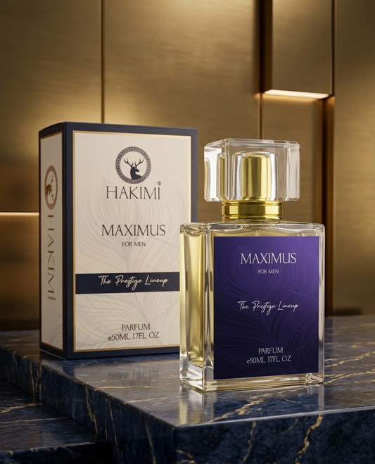 Hakimi Maximus perfume bottle and packaging on a reflective surface with a gold background