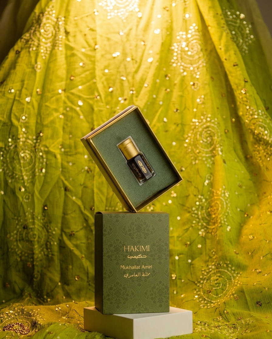 Harimi perfume bottle and packaging on a green textured background