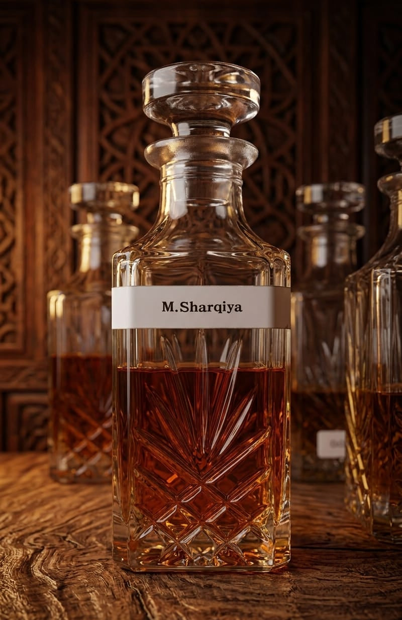 Glass decanter with brand label on a wooden surface