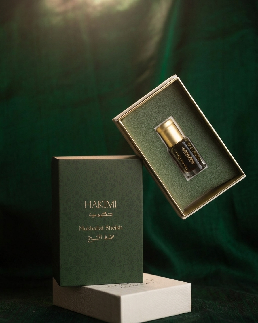 Hakimi perfume bottle in an open box on a dark green background