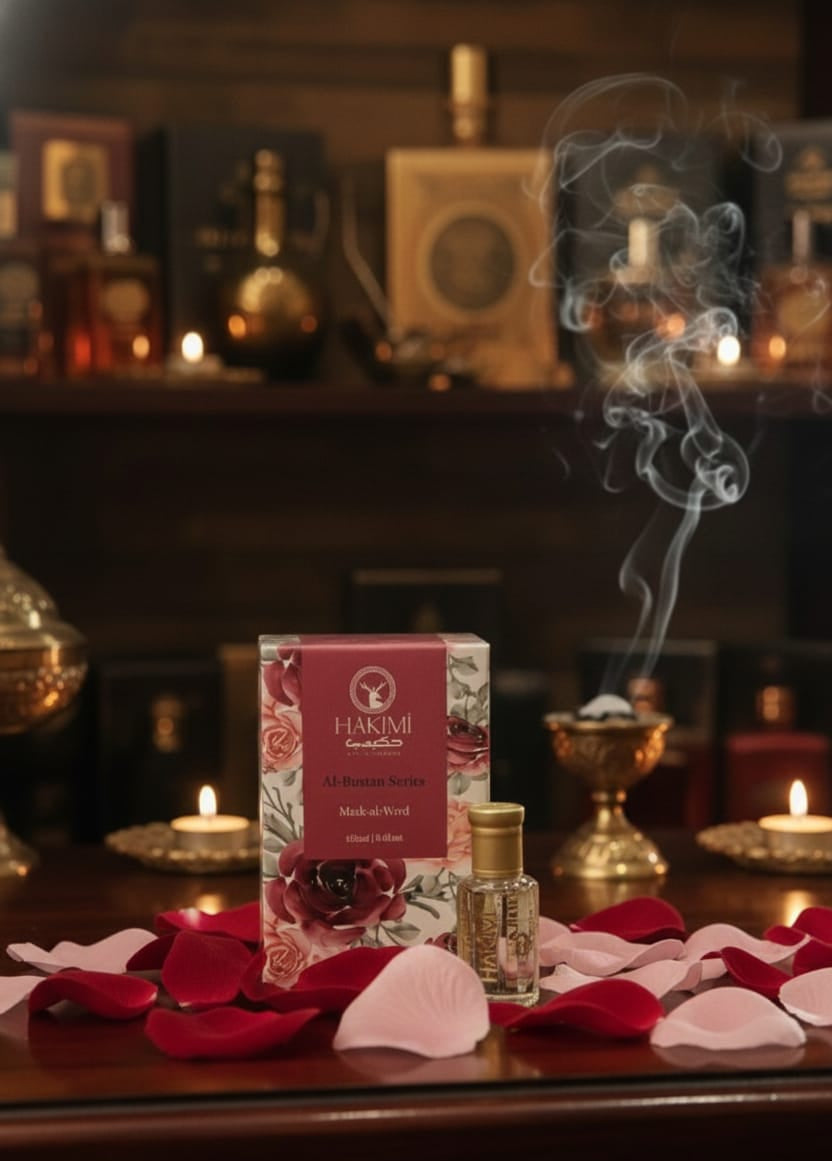 Fakhim perfume set with rose petals and candles on a wooden surface