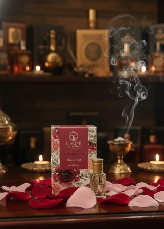 Fakhim perfume set with rose petals and candles on a wooden surface
