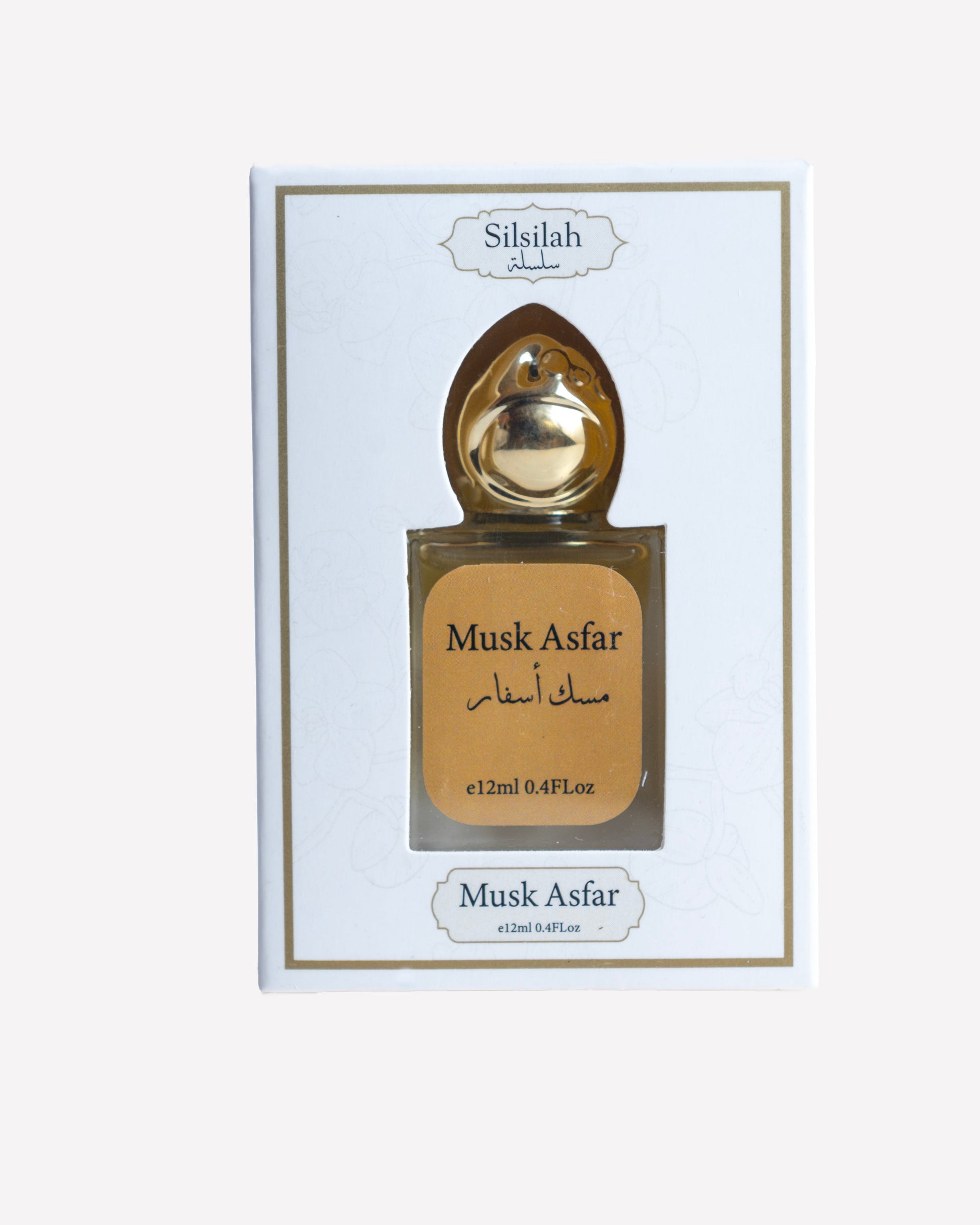 Perfume bottle labeled 'Musk Asfar' by Silsilah on a white background