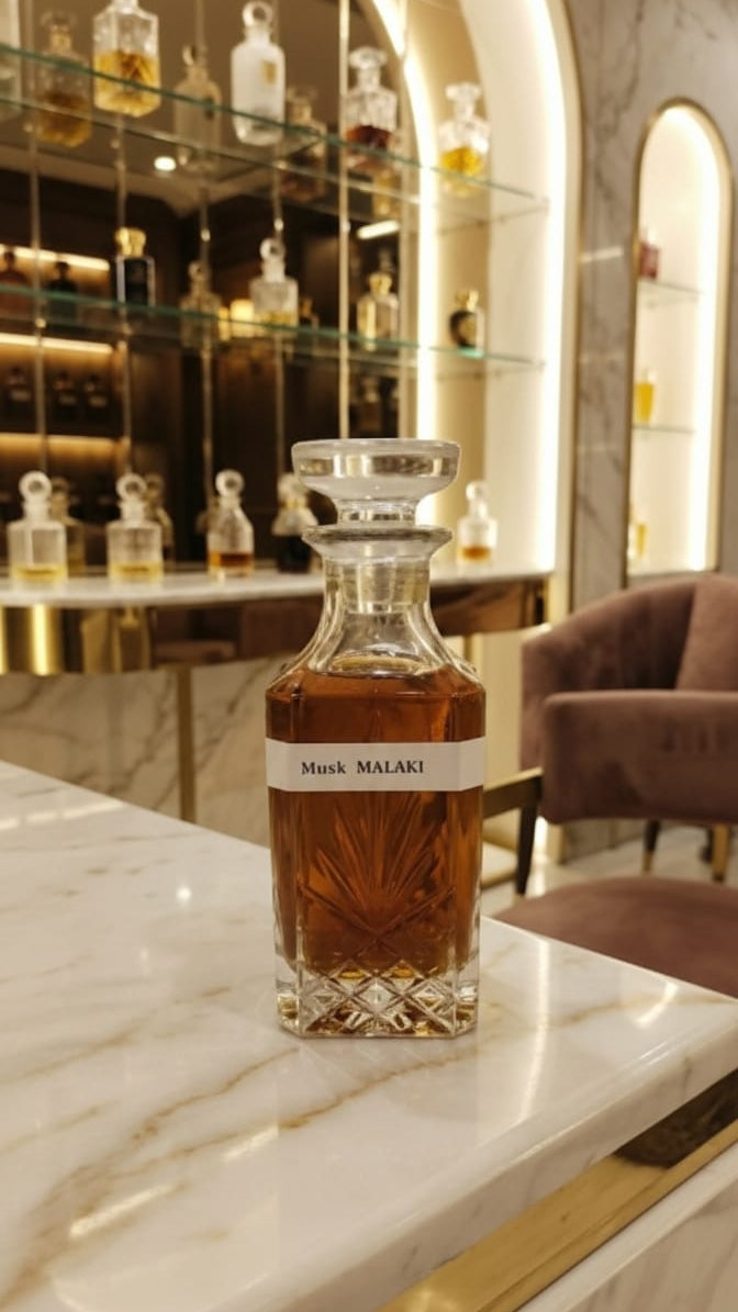 Bottle of Mark Malaki whiskey on a marble surface with a bar setting in the background