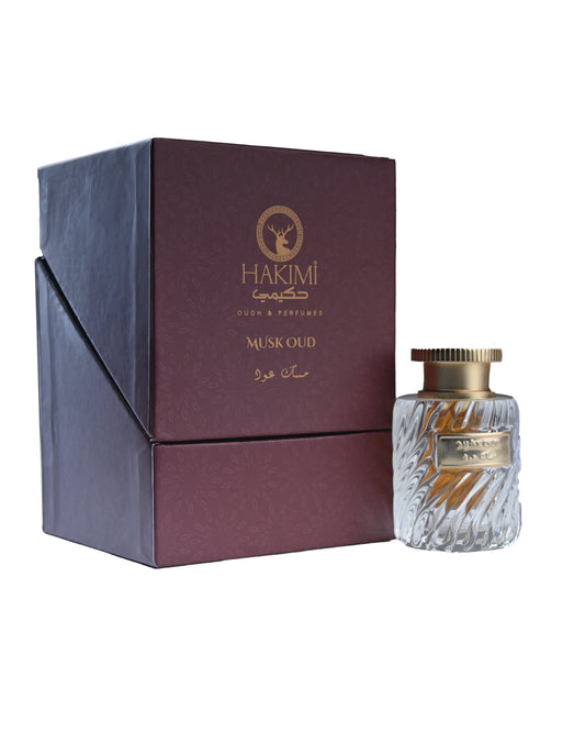 Perfume bottle with decorative packaging on a white background