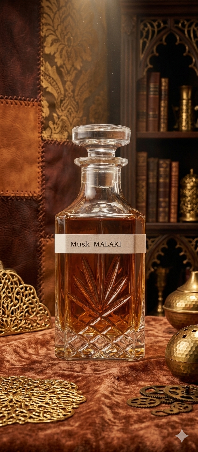 Musk MALAKI perfume bottle on a decorative table with gold accents and books in the background