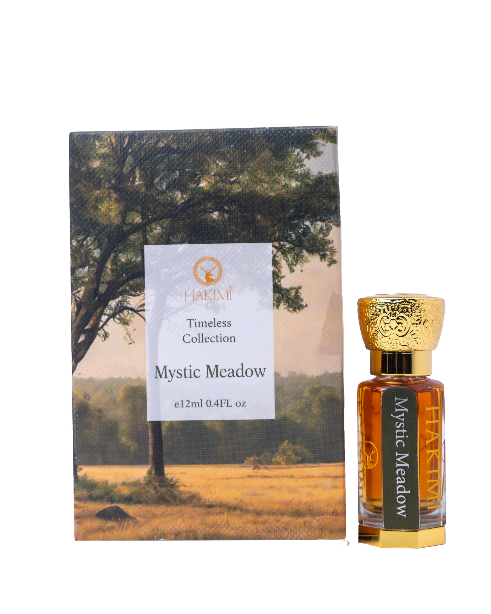 Perfume bottle and packaging of 'Mystic Meadow' with a scenic background on a white background