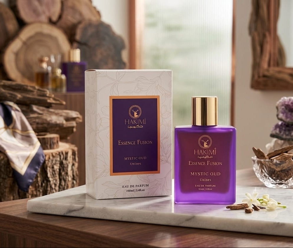 Purple perfume bottle and packaging on a marble surface with wooden and decorative elements in the background.
