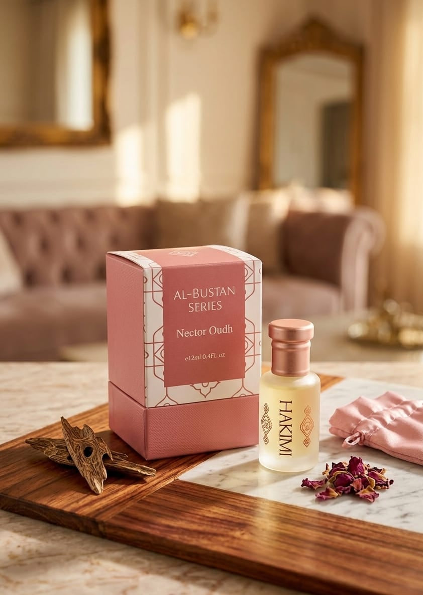 Hakimi perfume bottle and packaging on a wooden tray with decorative elements.