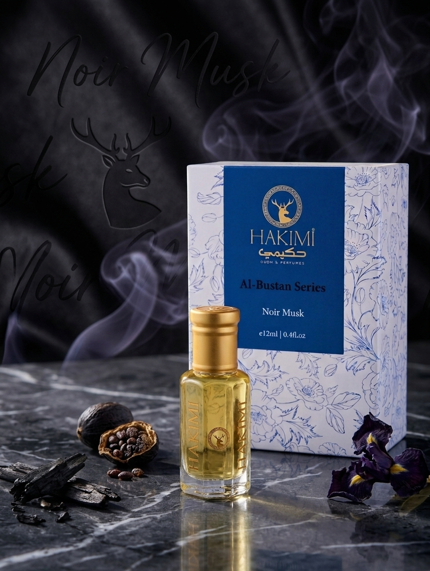 Hakimi Al Bastawse Series Nair Musk perfume bottle and packaging on a dark surface with smoke effect.