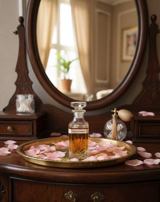 Perfume bottle on a decorative tray with rose petals in front of a round mirror on a wooden dresser.