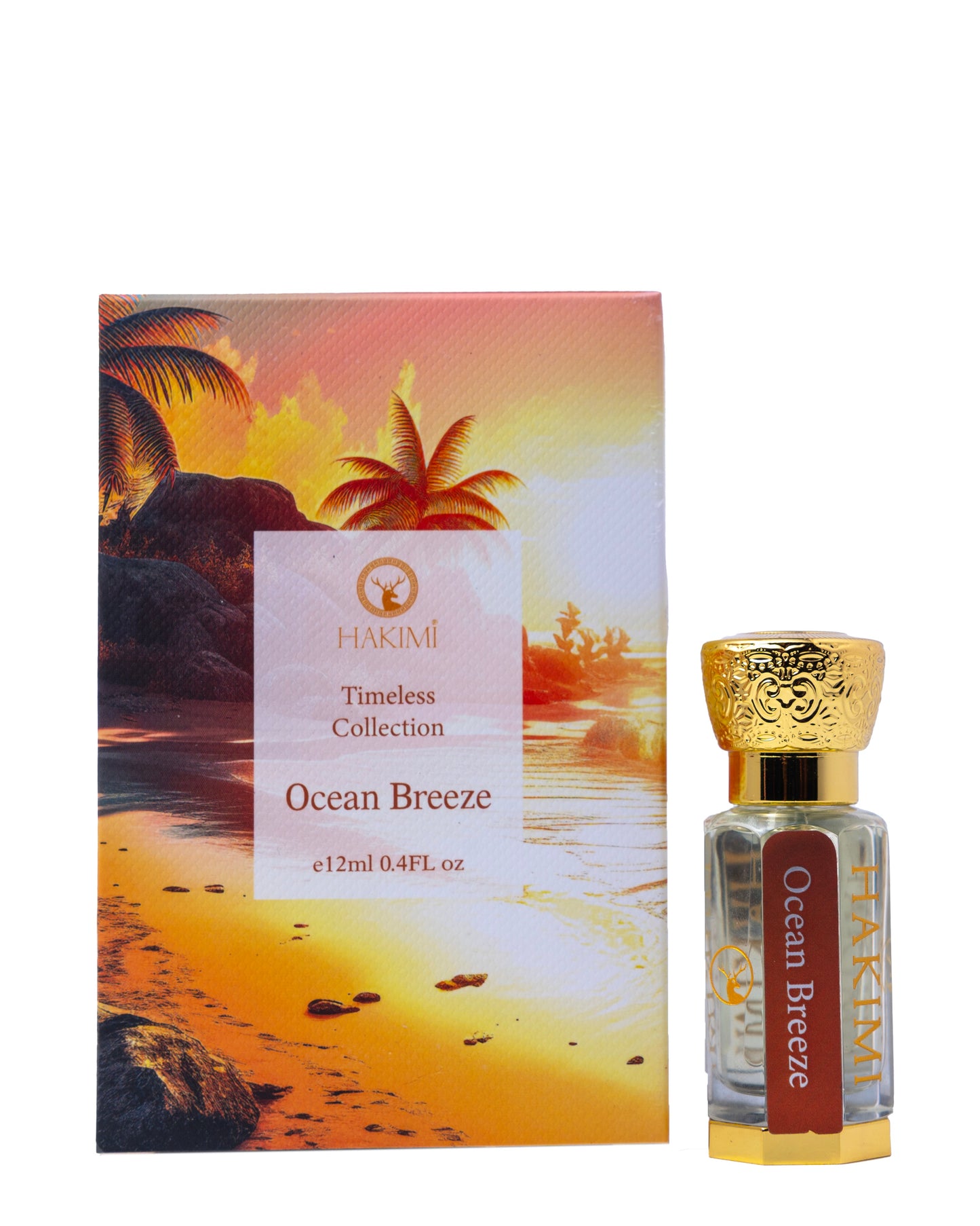 Perfume bottle and packaging of 'Ocean Breeze' from the 'Timeless Collection' on a white background.