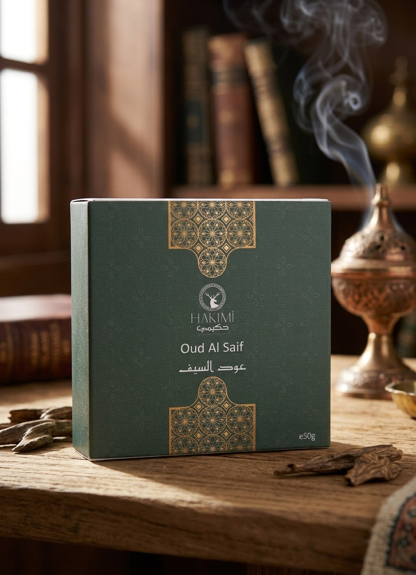 HANAMI Oud Al Saif incense packaging on a wooden surface with smoke and books in the background