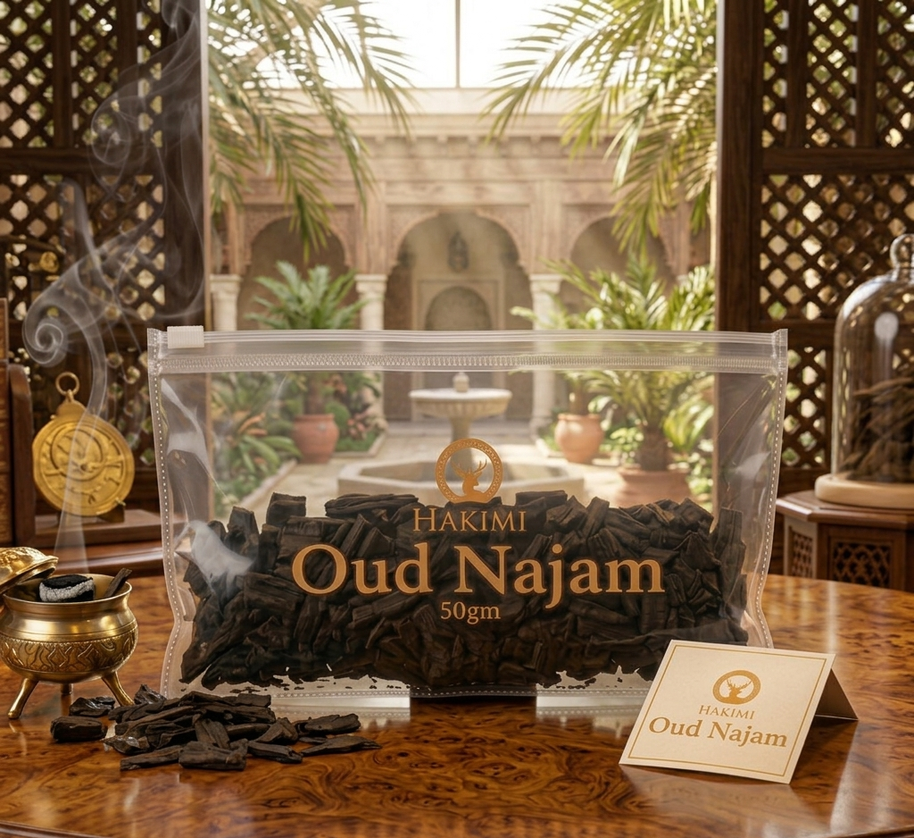 Hakimi Oud Najam incense packaging on a wooden table with a decorative background