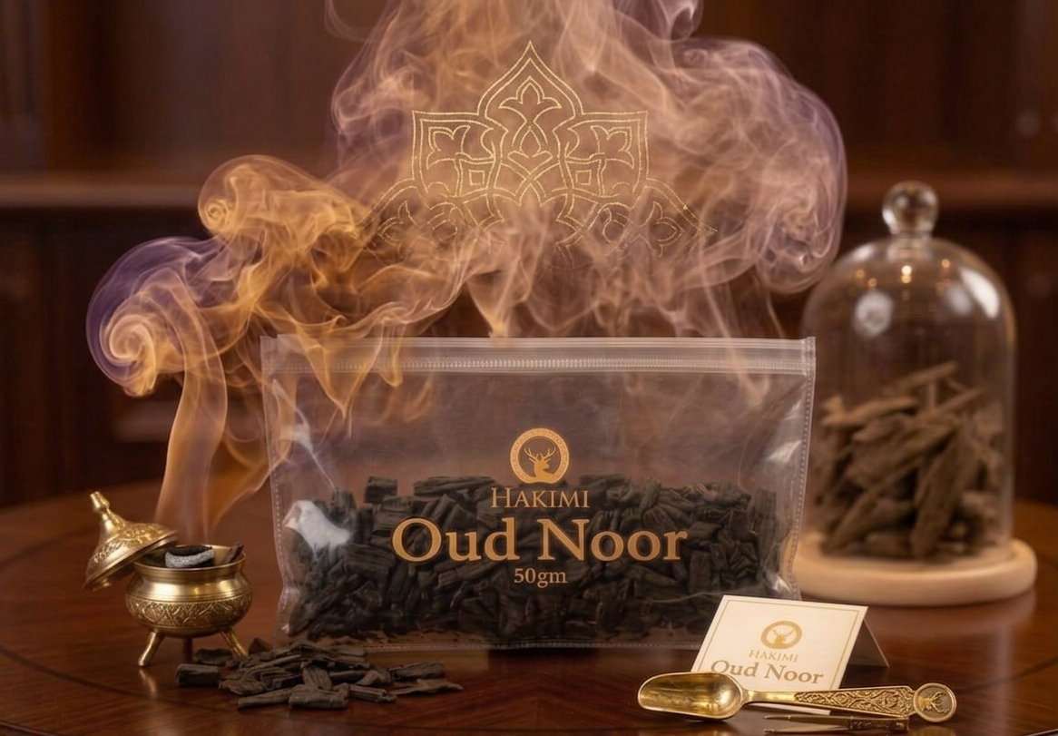 Hakimi Oud Noor incense packaging with smoke on a wooden surface