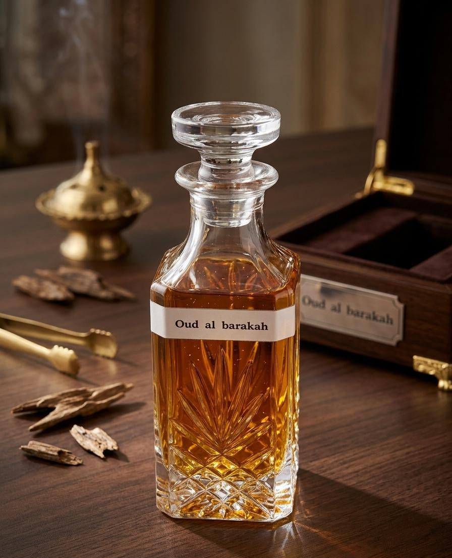 Oud al barakah essential oil bottle on a wooden surface with decorative items.