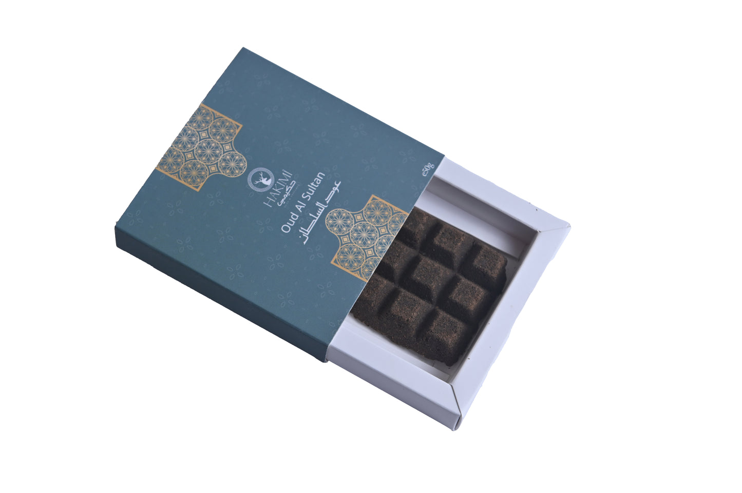 Open blue chocolate box with dark chocolate bars on a white background