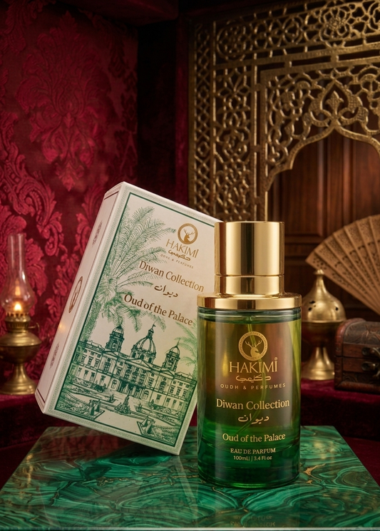 Hakimi Diwan Collection perfume bottle and packaging on a decorative surface with ornate background