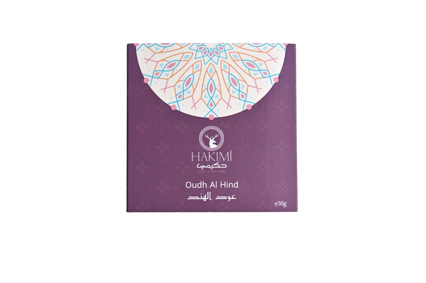 Purple packaging of Hakimi Oudh Al Hind with a colorful geometric design on a white background