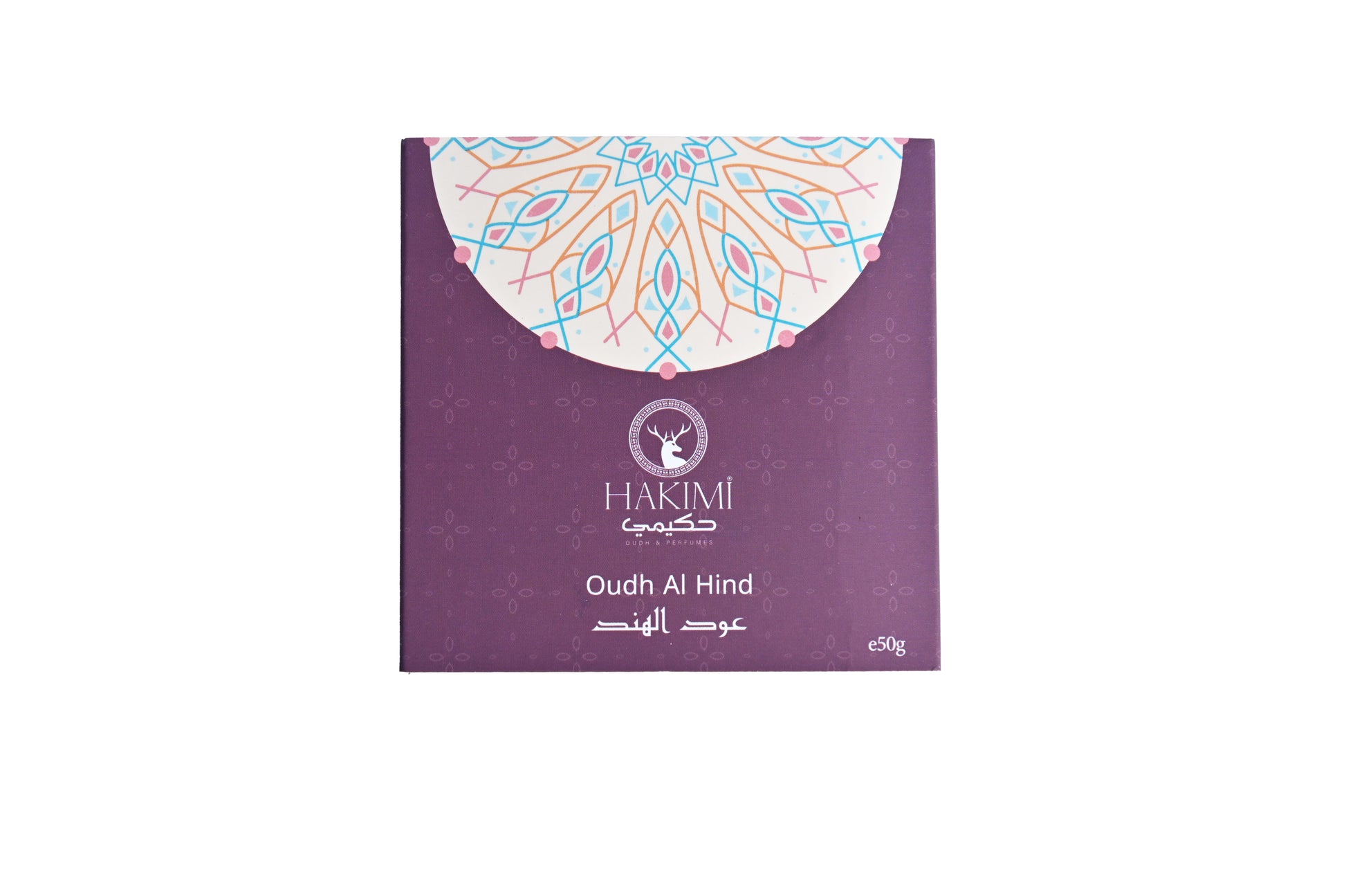 Purple packaging of Hakimi Oudh Al Hind with a colorful geometric design on a white background