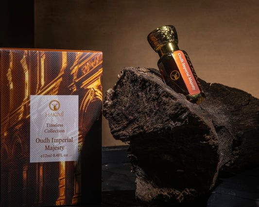 Hariri Oudh Imperial Majesty perfume bottle and packaging on a dark background