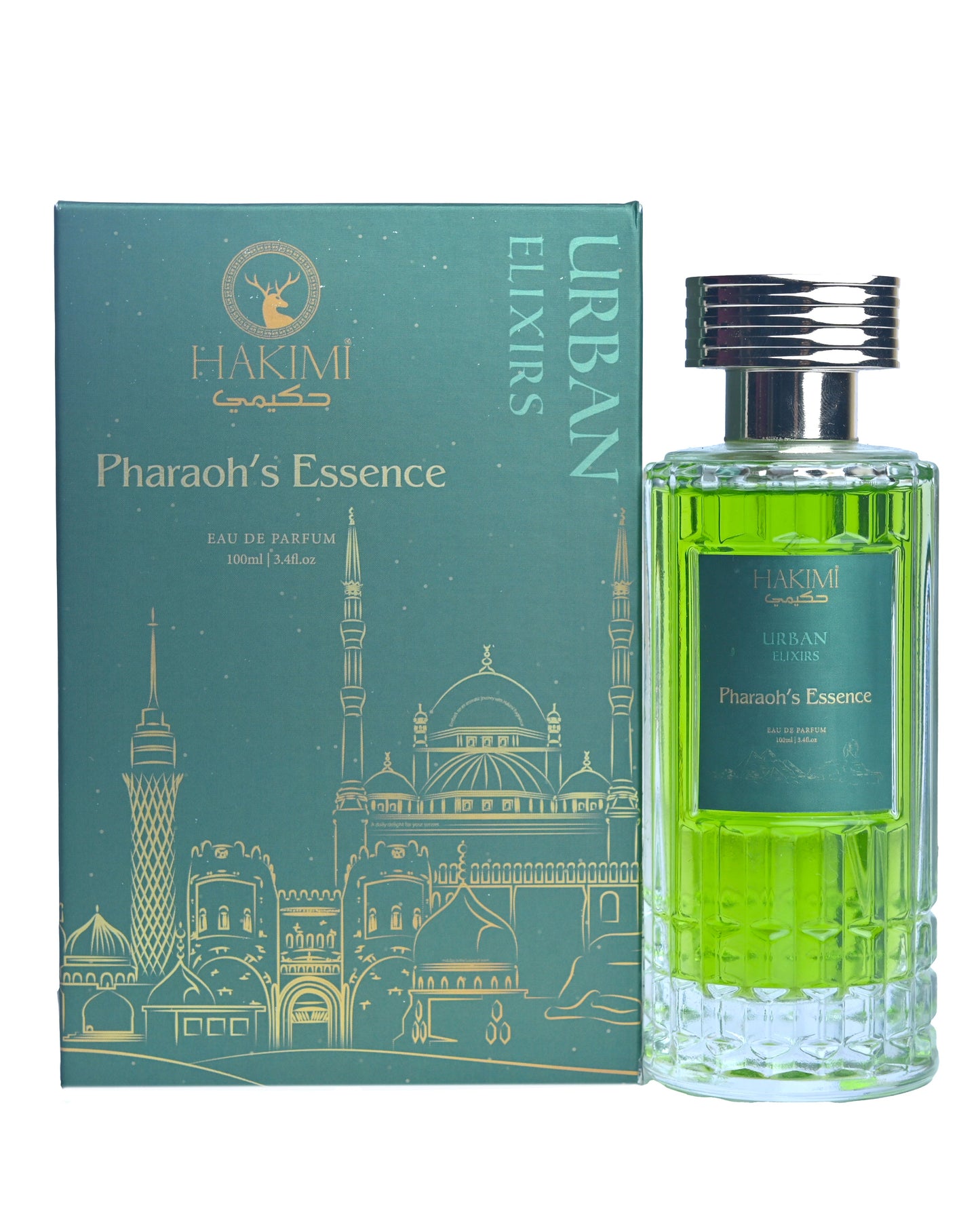 Green perfume bottle with silver cap next to its packaging on a white background