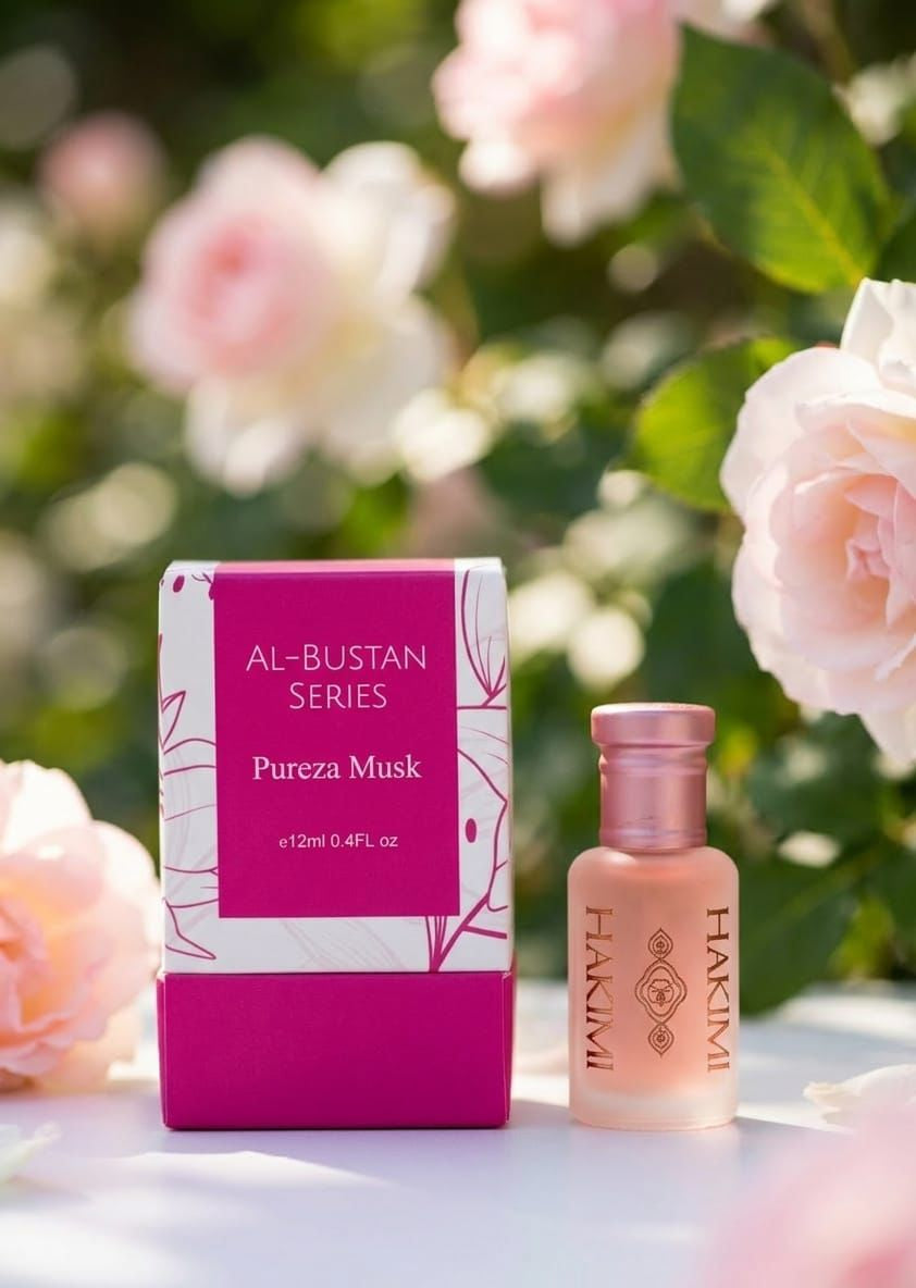 Perfume bottle and packaging with pink flowers in the background