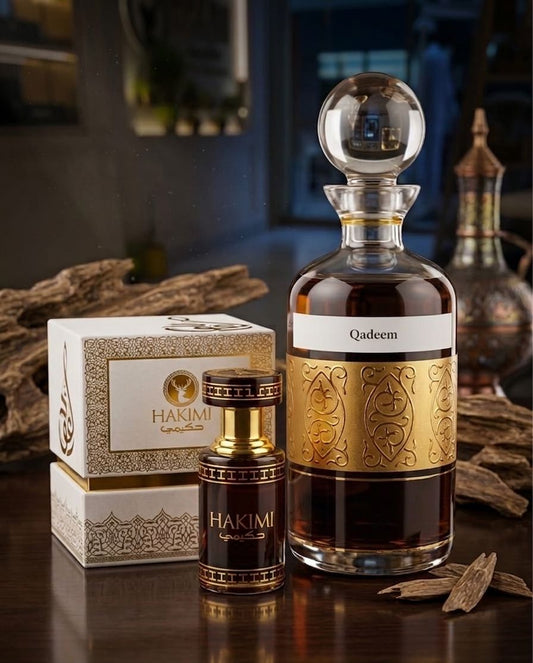 Hakimi perfume bottle and packaging on a reflective surface with a blurred background
