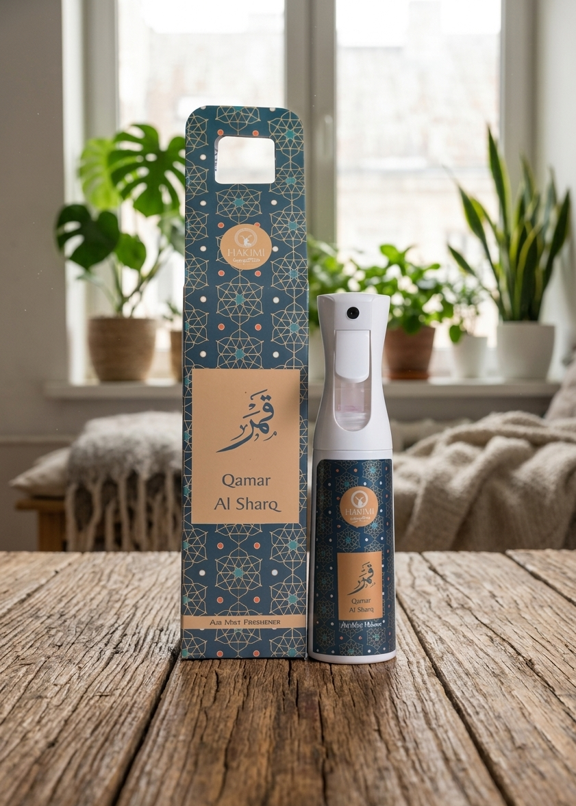 Qamar Al Sharq spray bottle and packaging on a wooden table with plants in the background