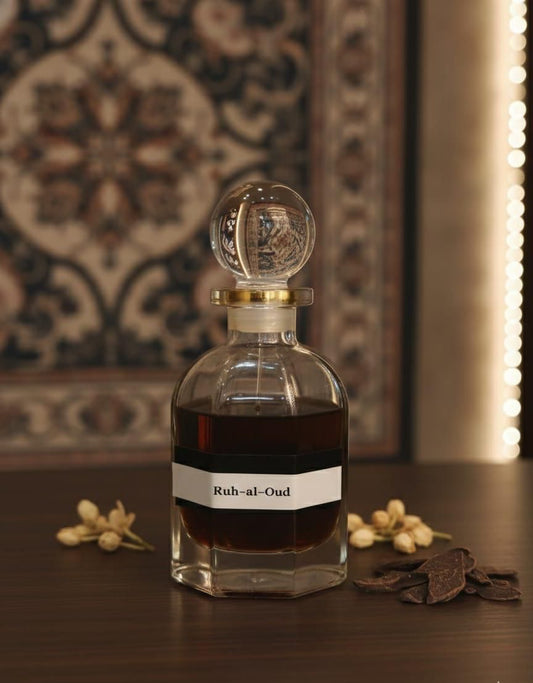 Bottle of Ruh-al-Oud oudh with decorative background
