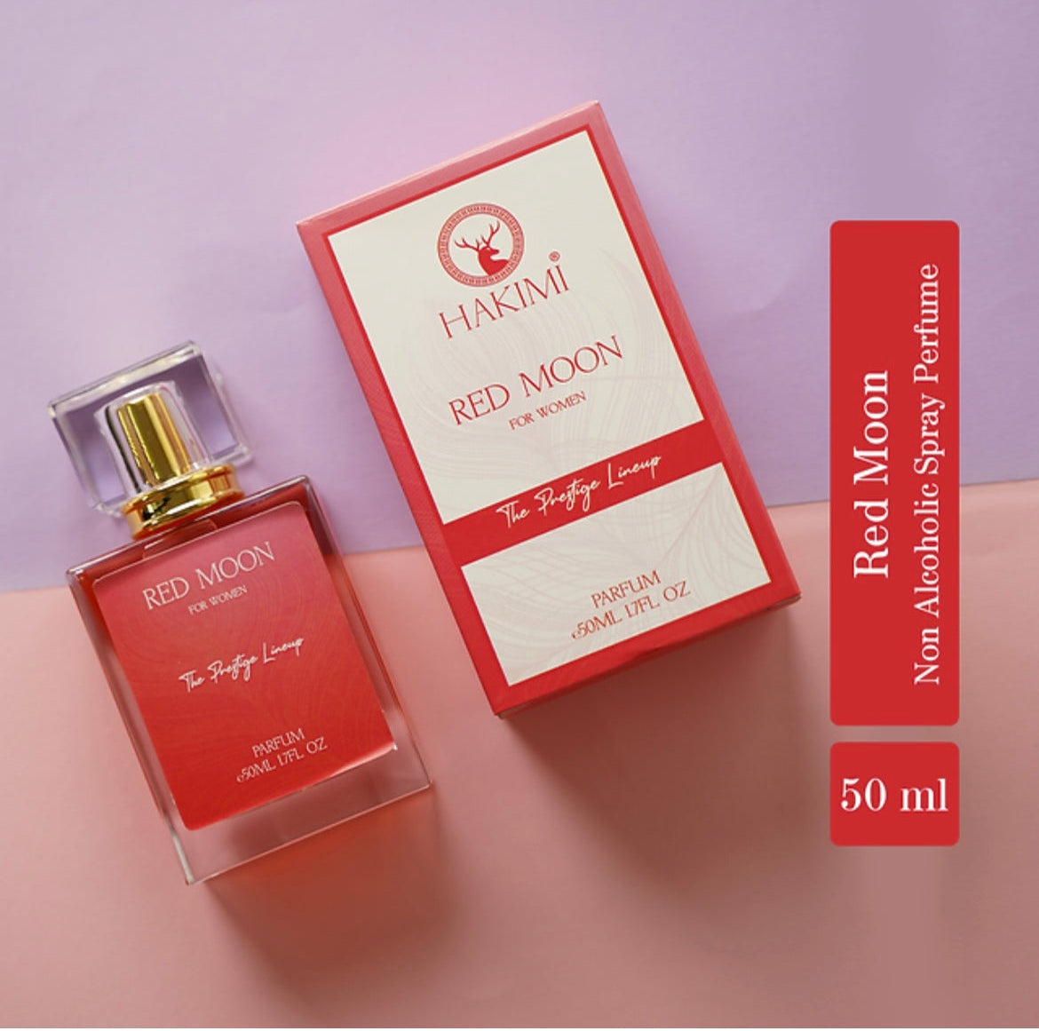 Hakimi Red Moon perfume bottle and packaging on a pink background