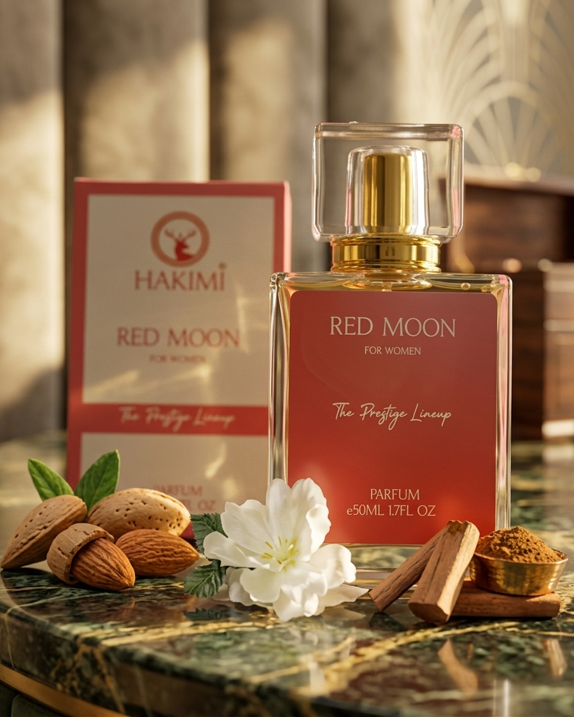 Hakimi Red Moon perfume bottle on a marble surface with almonds and flowers.