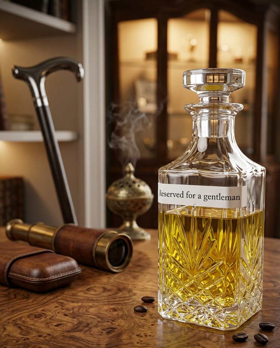 Glass whiskey decanter with 'Reserved for a gentleman' label on a wooden surface, with a walking cane and binoculars in the background.