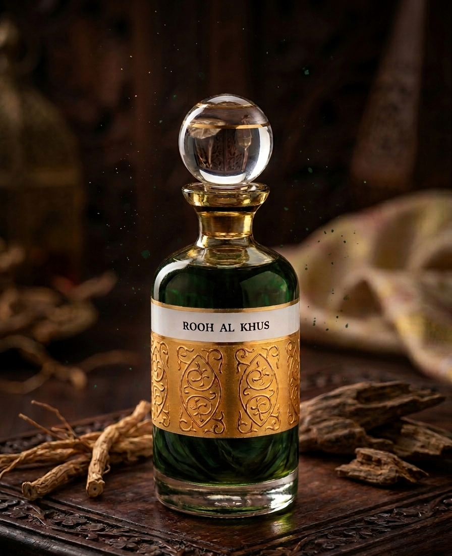 Green perfume bottle with gold label on a dark surface