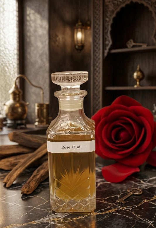 Rose Oud perfume bottle on a marble surface with a red rose and incense sticks in the background.