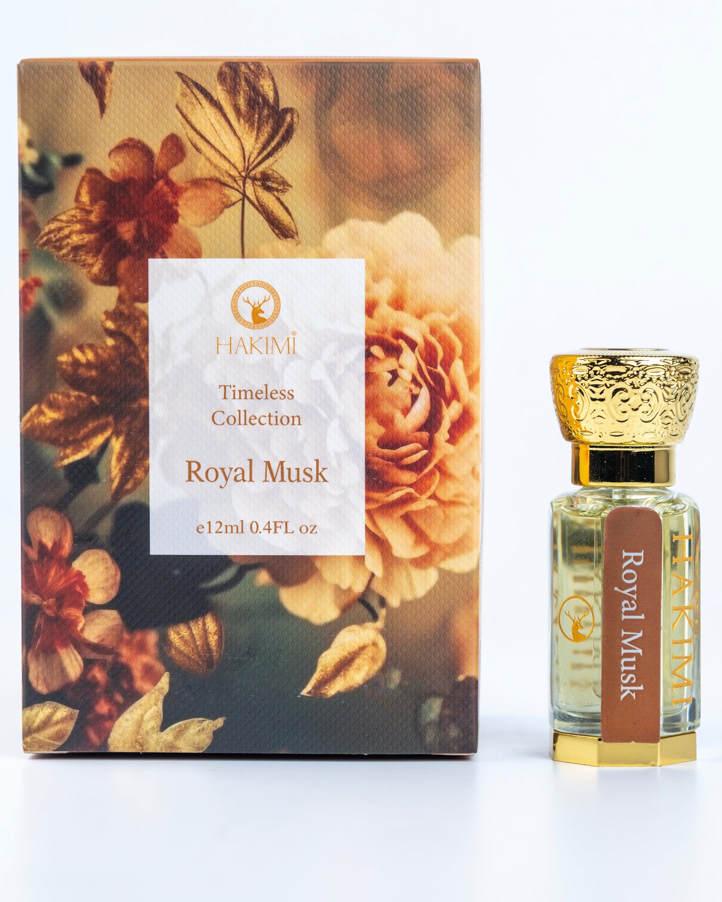 Hakimi Royal Musk perfume bottle and packaging with floral design