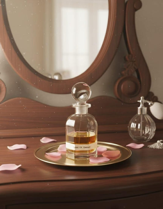 Perfume bottle on a wooden dresser with mirror and rose petals